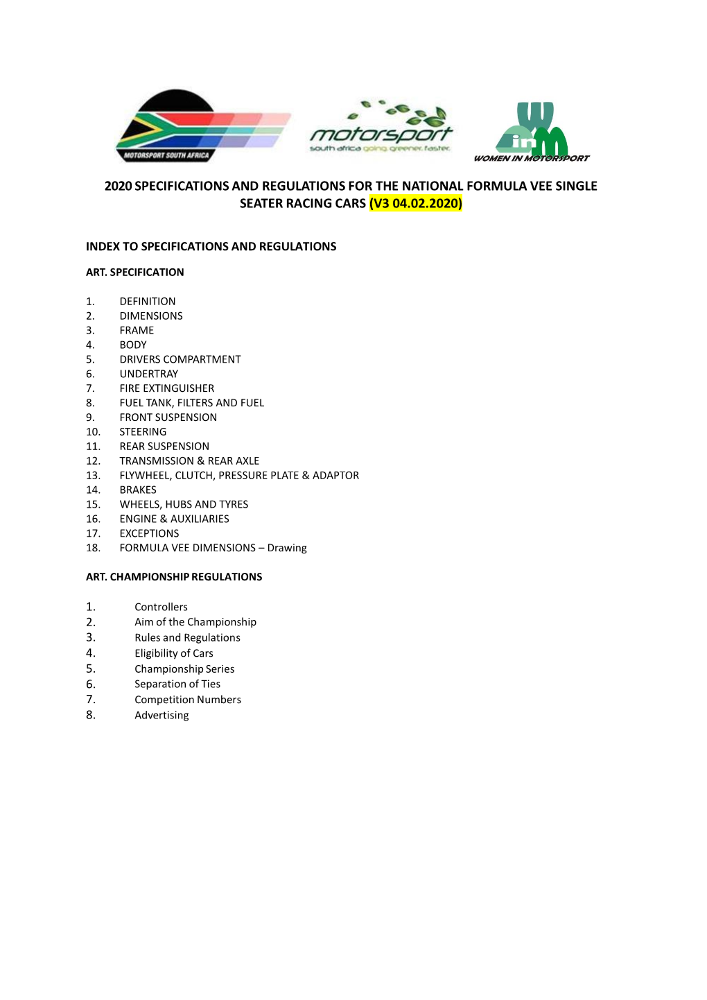 2020 Specifications and Regulations for the National Formula Vee Single Seater Racing Cars (V3 04.02.2020)
