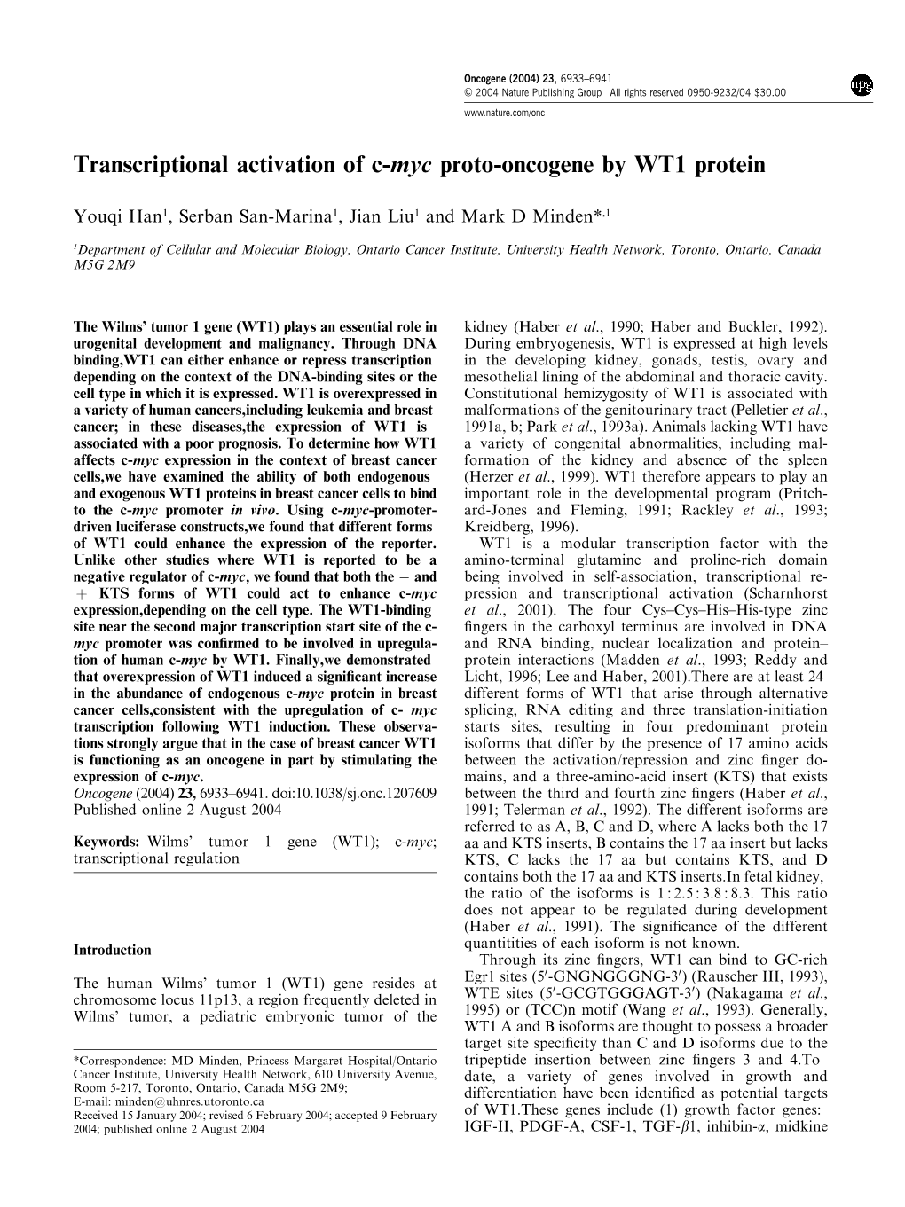 Transcriptional Activation of C-Myc Proto-Oncogene by WT1 Protein