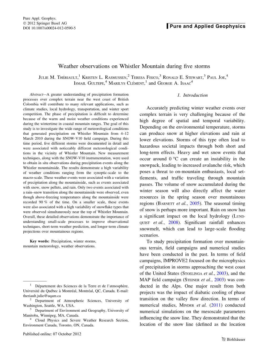 Weather Observations on Whistler Mountain During Five Storms