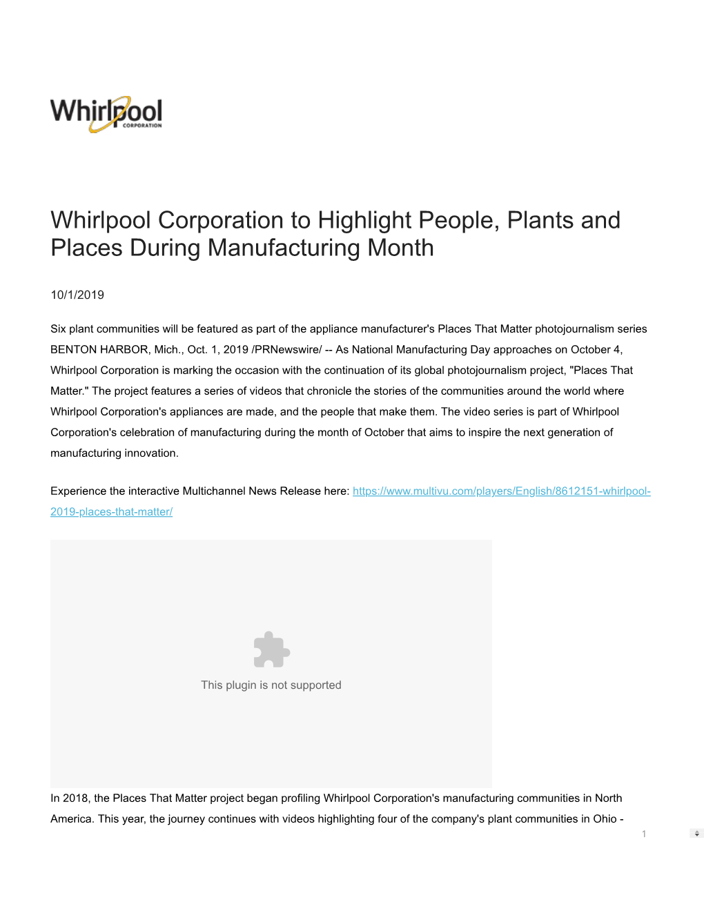 Whirlpool Corporation to Highlight People, Plants and Places During Manufacturing Month