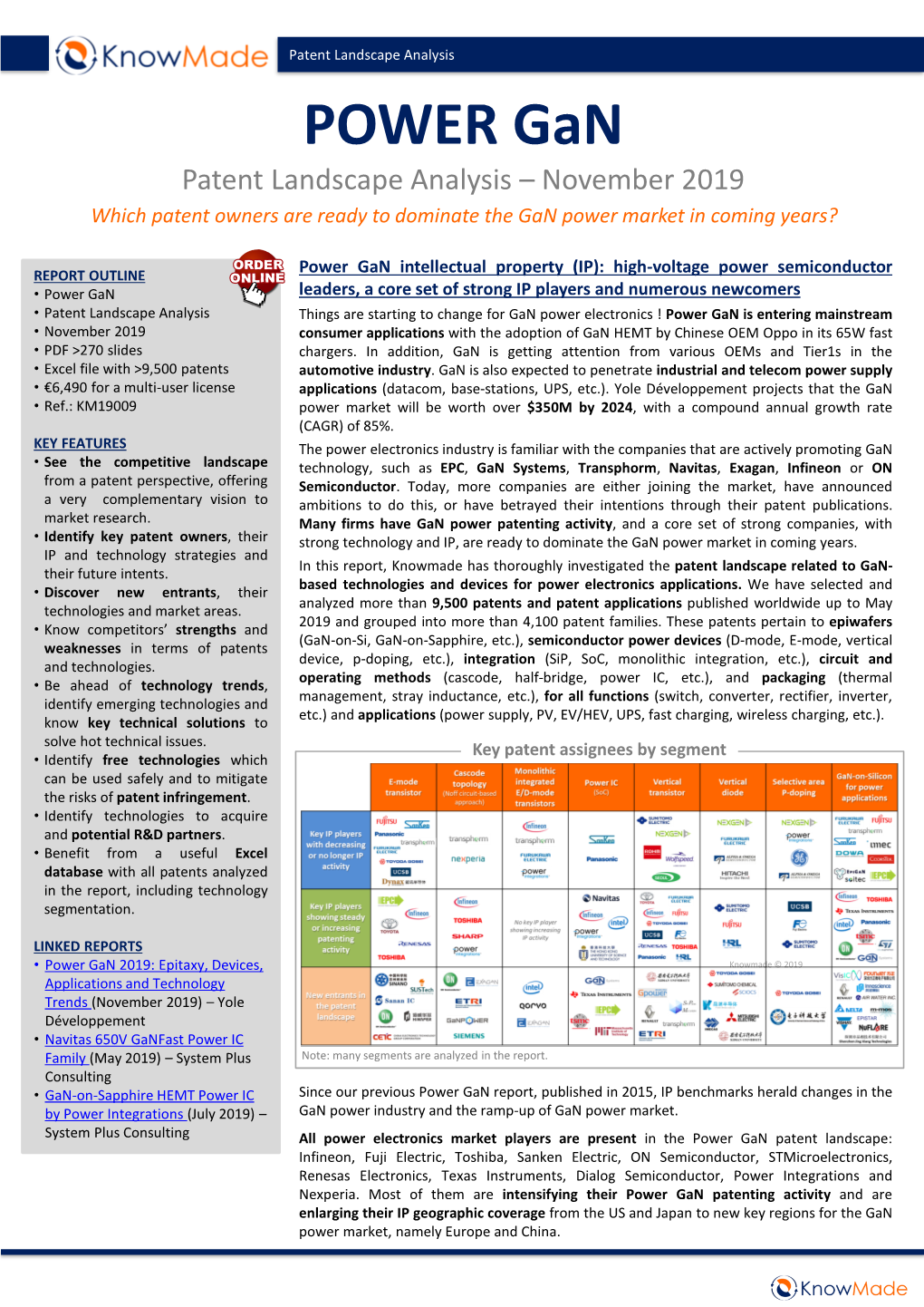 POWER Gan Patent Landscape Analysis – November 2019 Which Patent Owners Are Ready to Dominate the Gan Power Market in Coming Years?