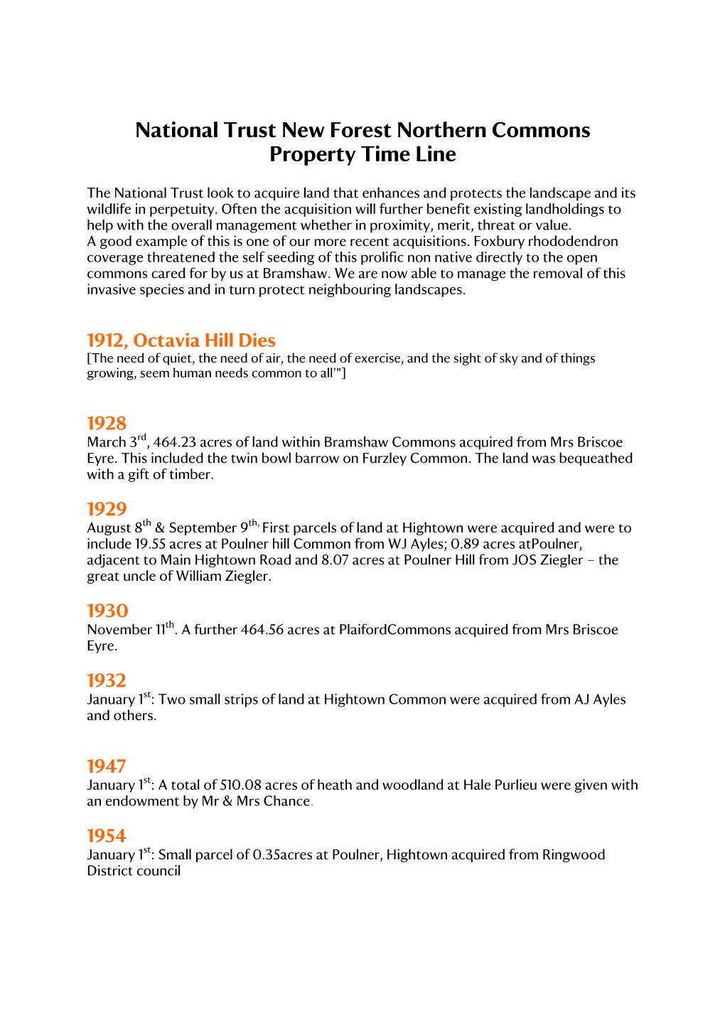 National Trust New Forest Northern Commons Property Time Line