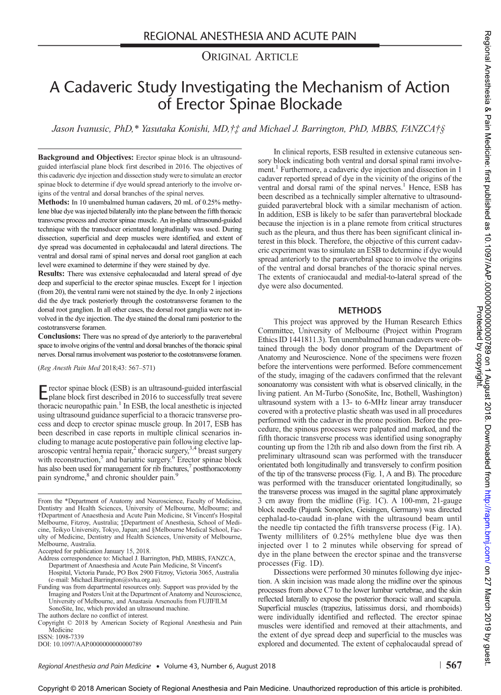 A Cadaveric Study Investigating the Mechanism of Action of Erector Spinae Blockade