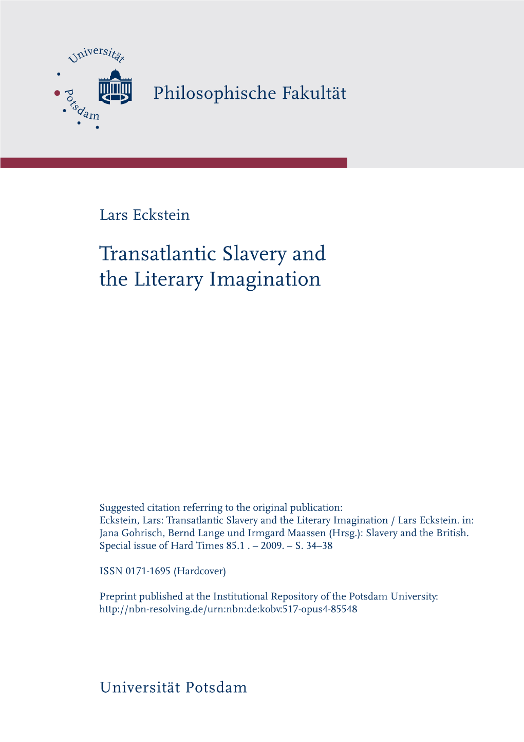 Lars Eckstein Transatlantic Slavery and the Literary Imagination