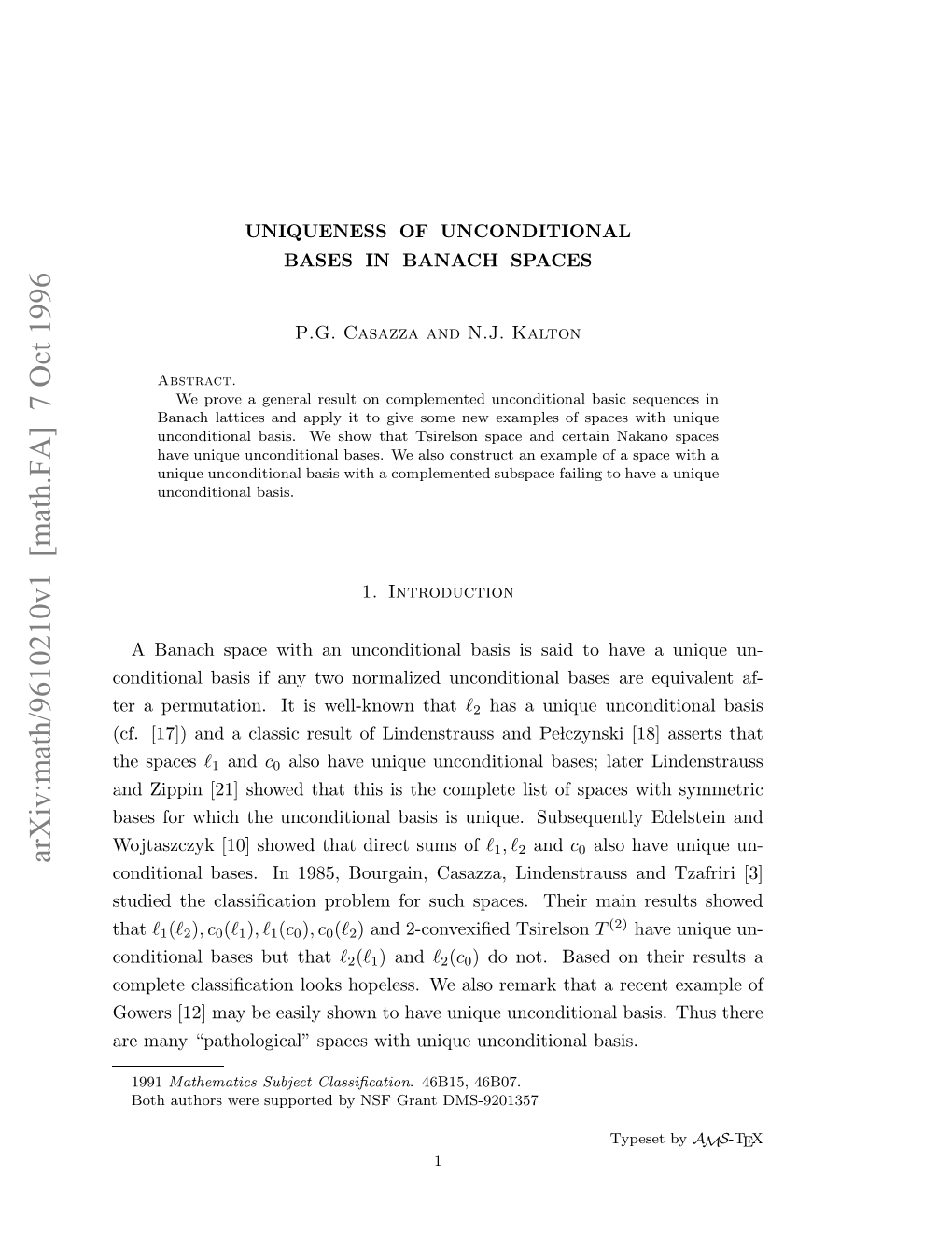 Arxiv:Math/9610210V1 [Math.FA] 7 Oct 1996 Tde H Lsicto Rbe O Uhsae.Terma Their Spaces