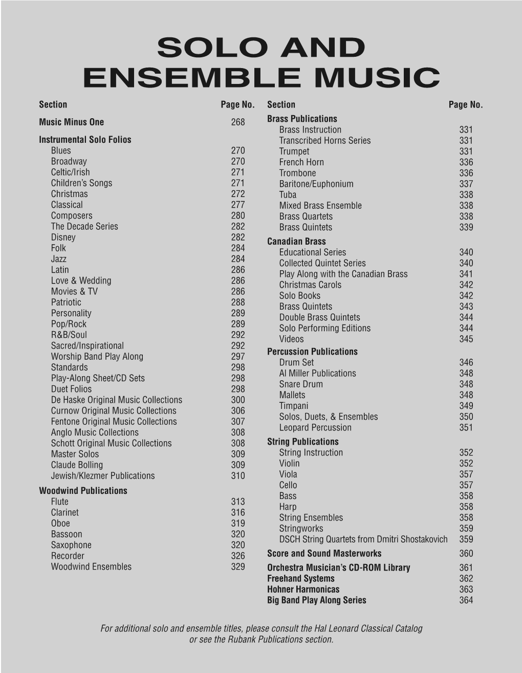 SOLO and ENSEMBLE MUSIC Section Page No