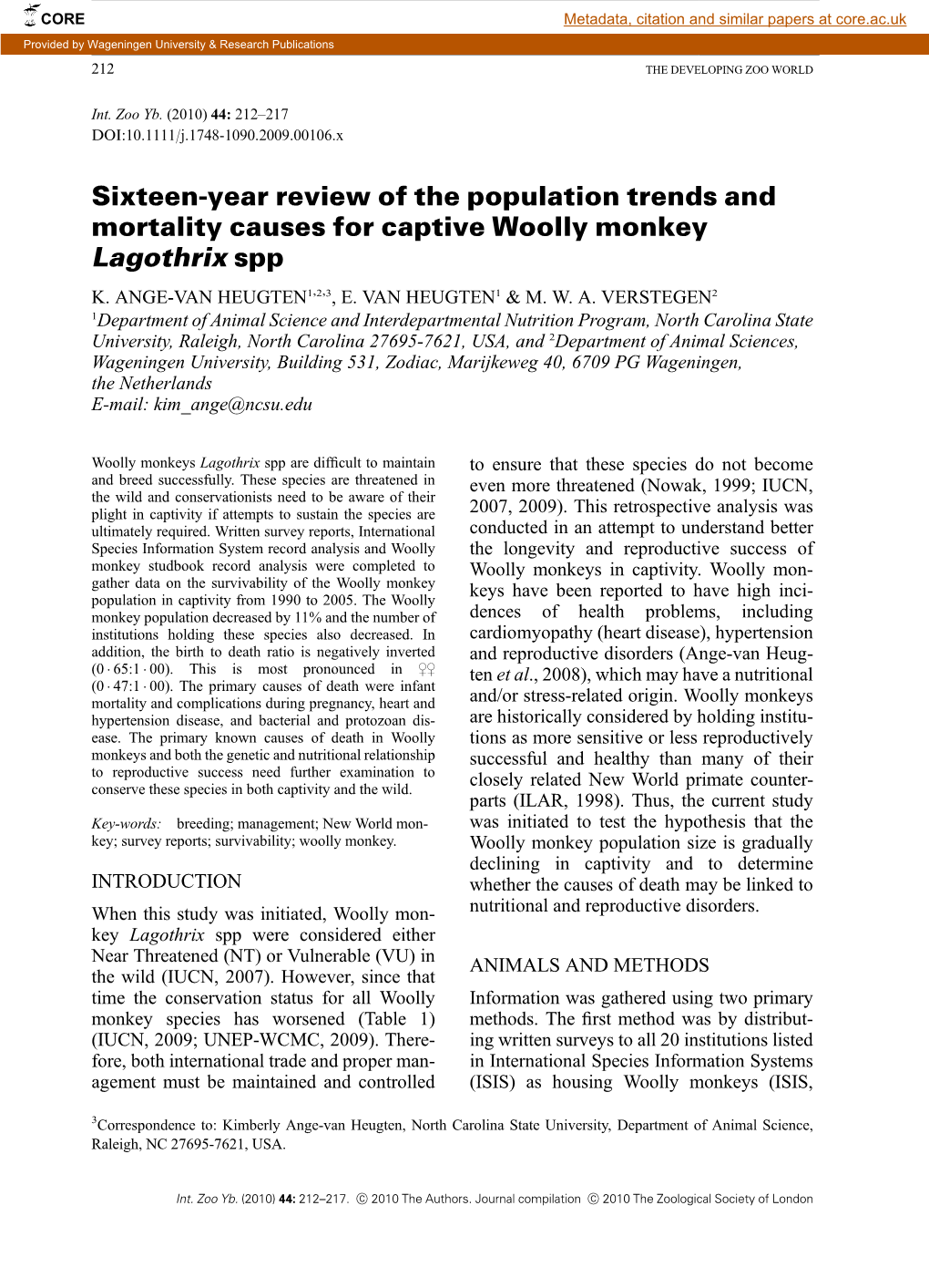 Sixteenyear Review of the Population Trends and Mortality Causes for Captive Woolly Monkey Lagothrix