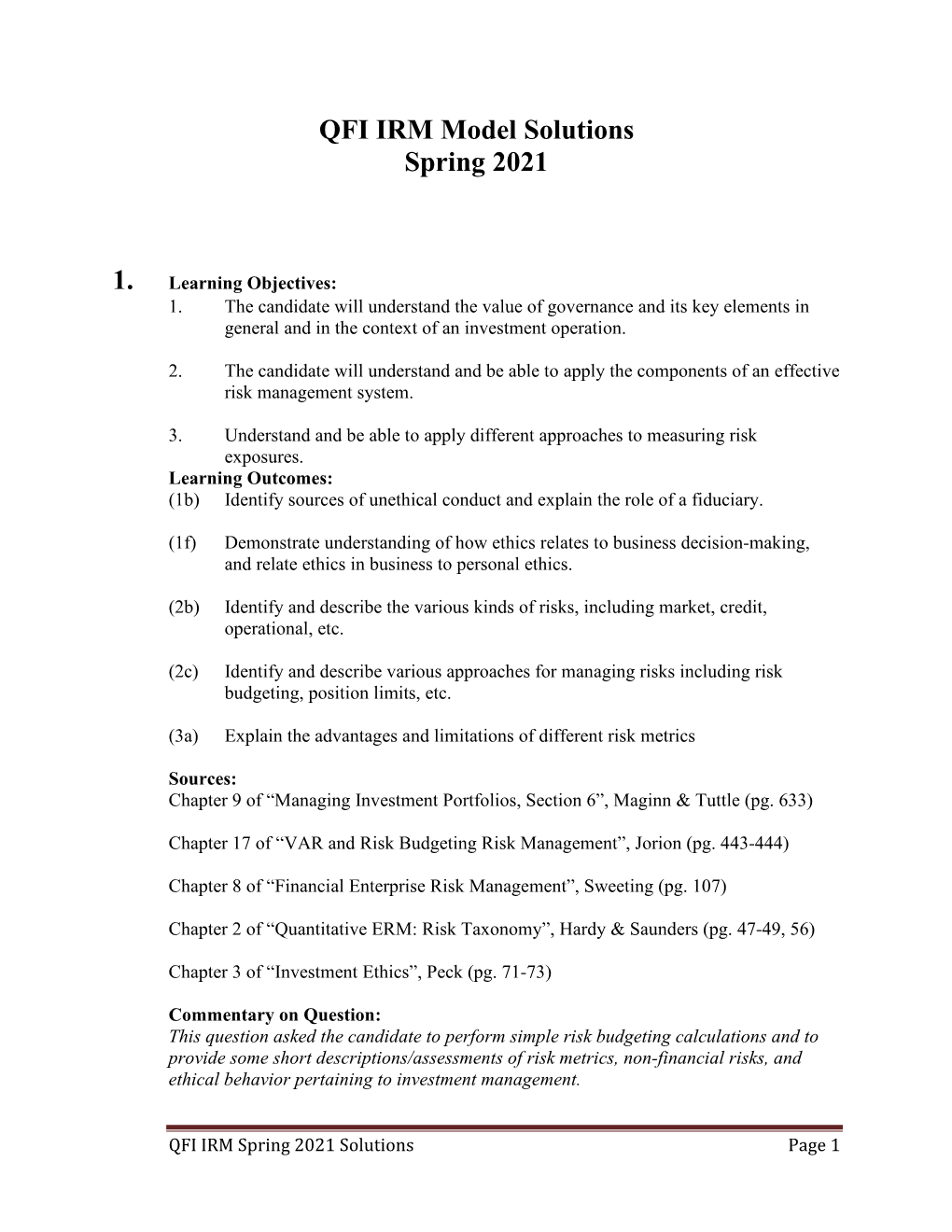 QFI IRM Model Solutions Spring 2021