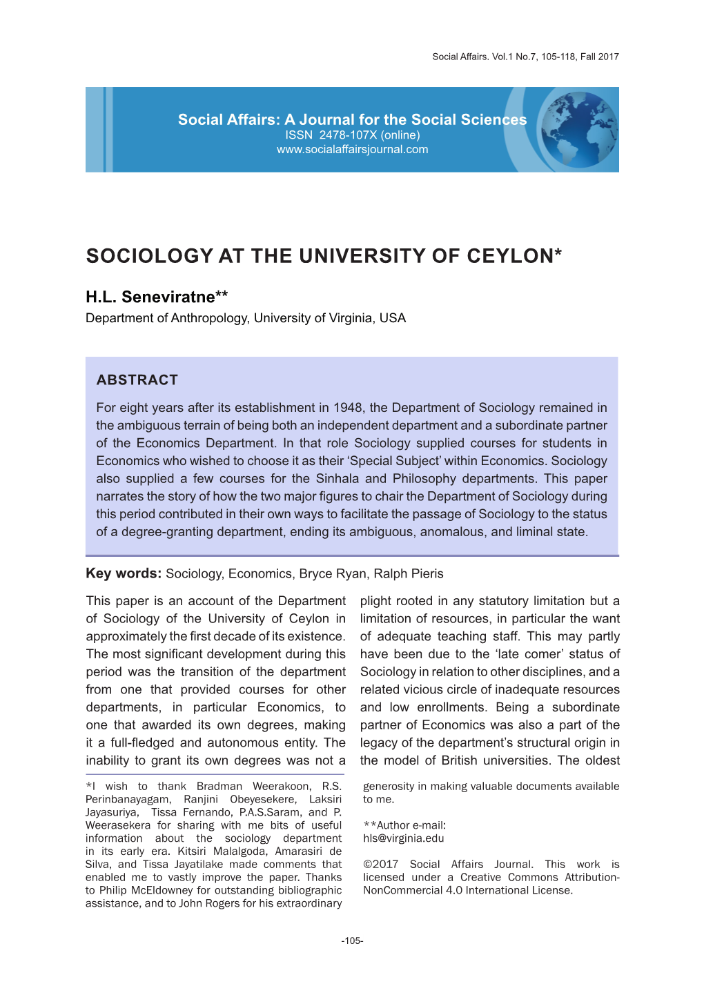 Sociology at the University of Ceylon*