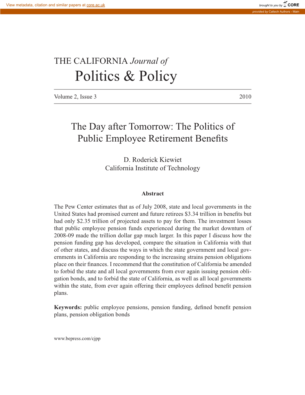 The Day After Tomorrow: the Politics of Public Employee Benefits