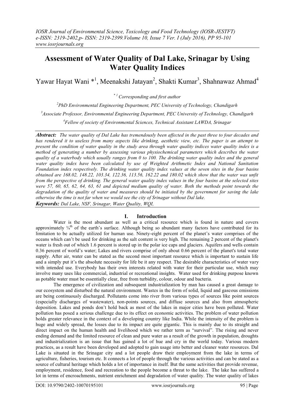 Assessment of Water Quality of Dal Lake, Srinagar by Using Water Quality Indices
