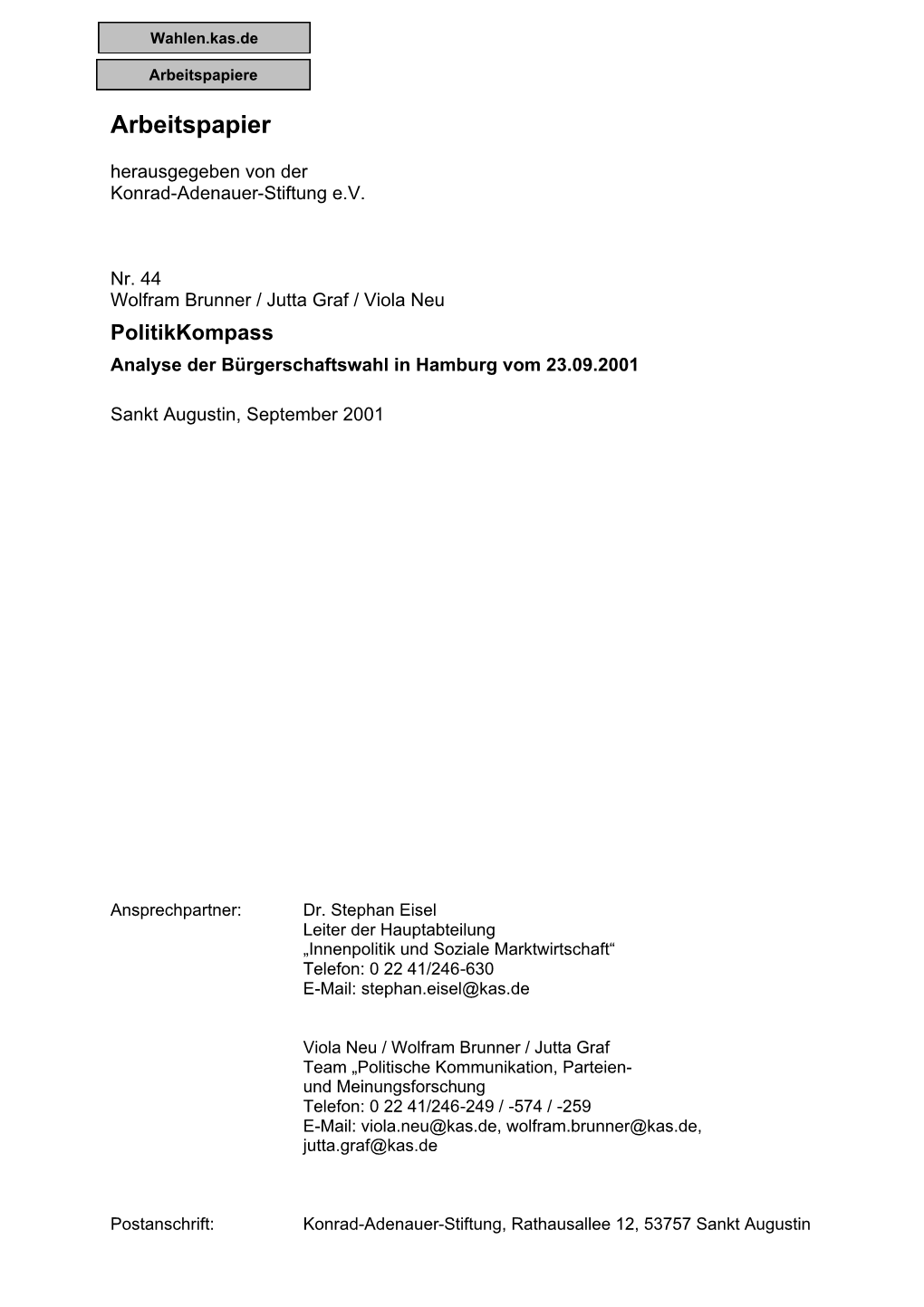 Analyse Der Bürgerschaftswahl in Hamburg Vom 23.09.2001