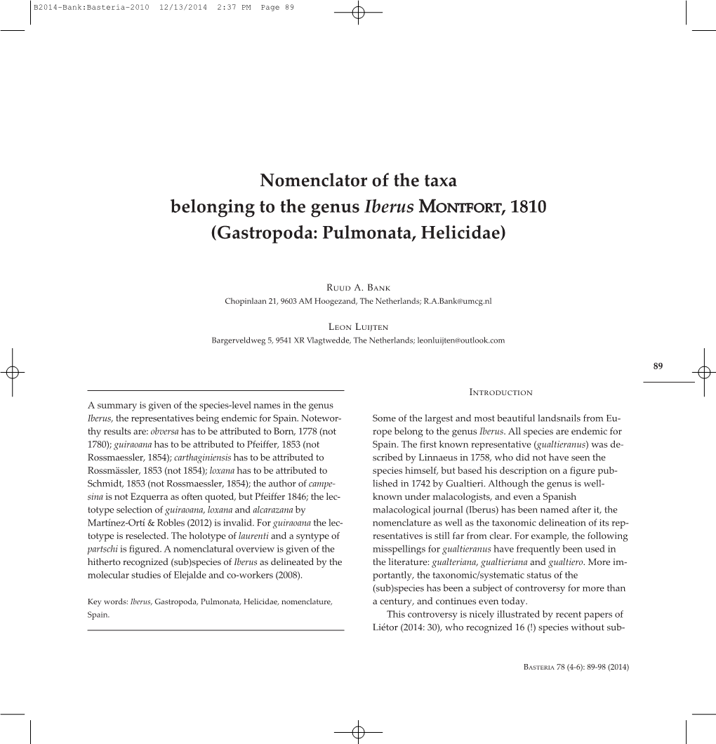 Nomenclator of the Taxa Belonging to the Genus Iberus Montfort, 1810 (Gastropoda: Pulmonata, Helicidae)