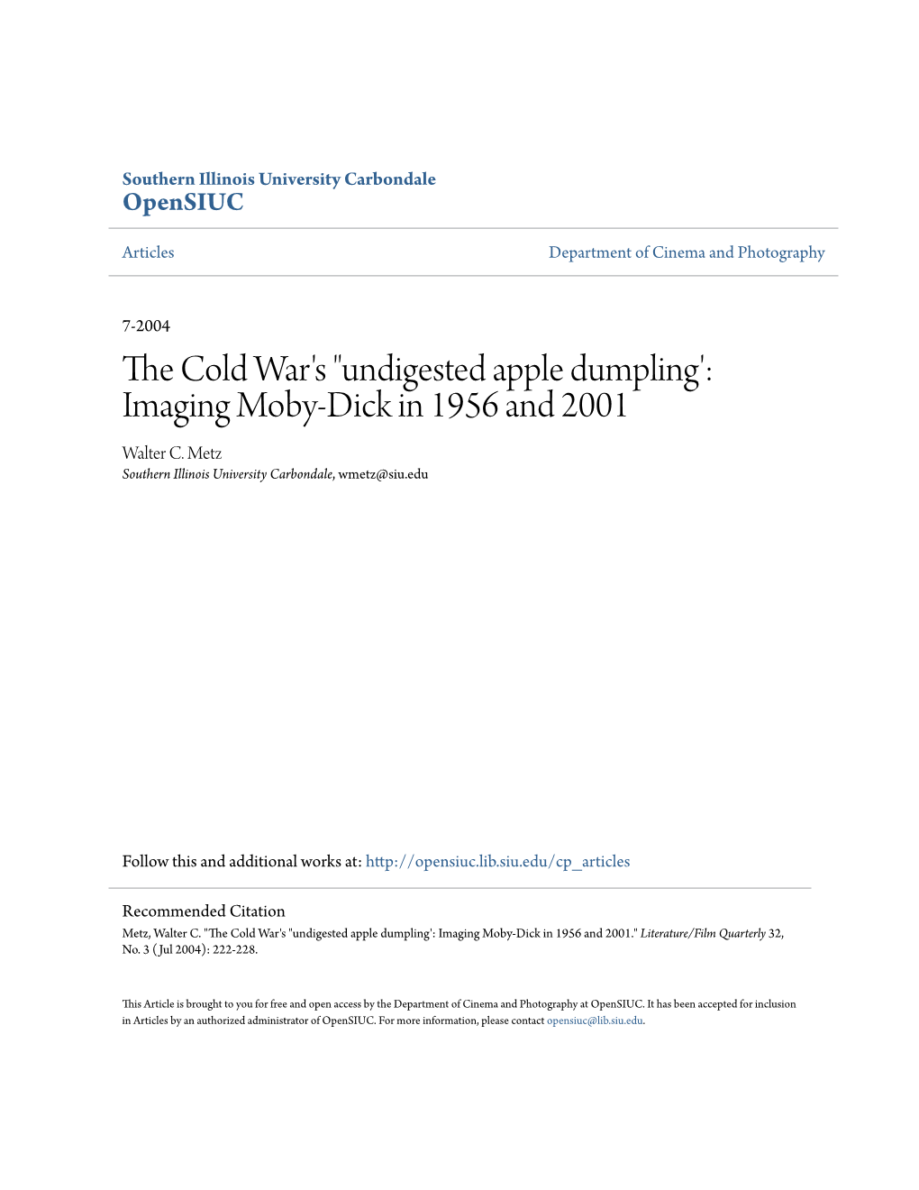 The Cold War's "Undigested Apple Dumpling': Imaging Moby-Dick In