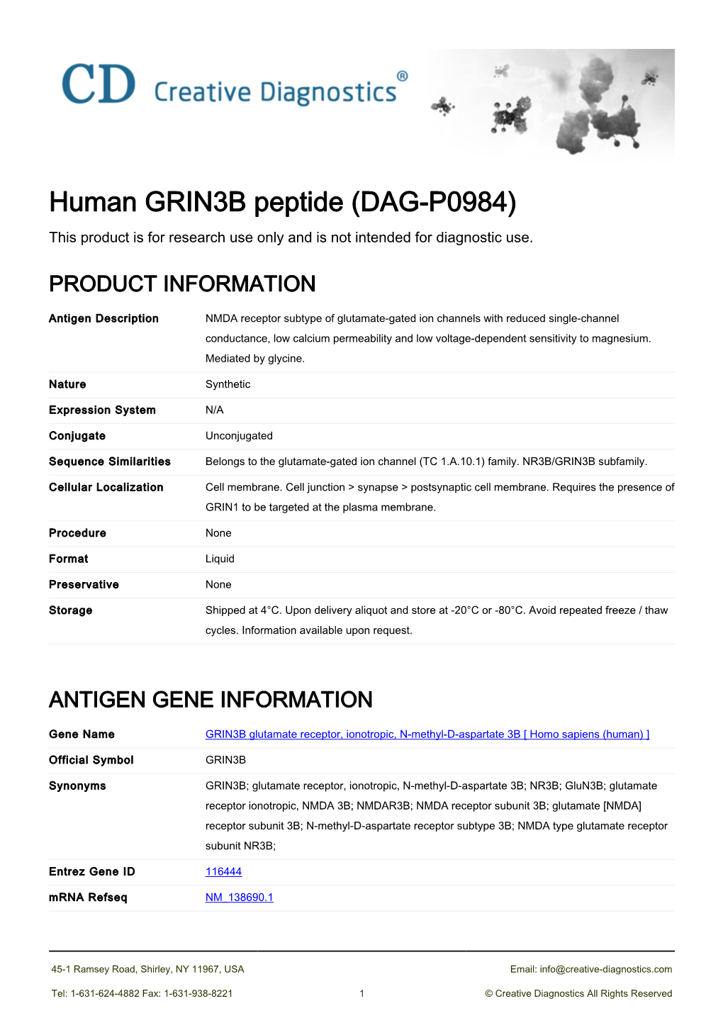 Human GRIN3B Peptide (DAG-P0984) This Product Is for Research Use Only and Is Not Intended for Diagnostic Use