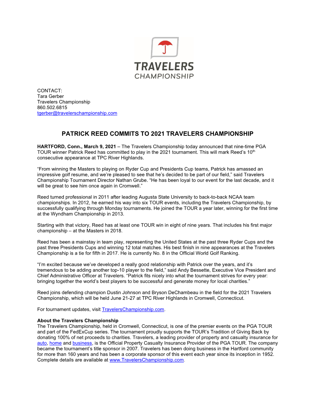 Patrick Reed Commits to 2021 Travelers Championship