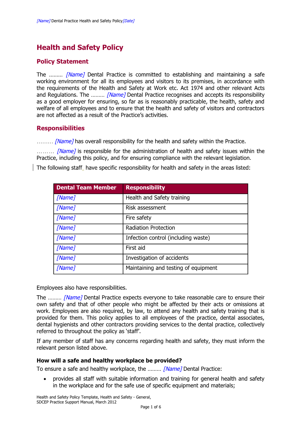 Health & Safety Policy Template