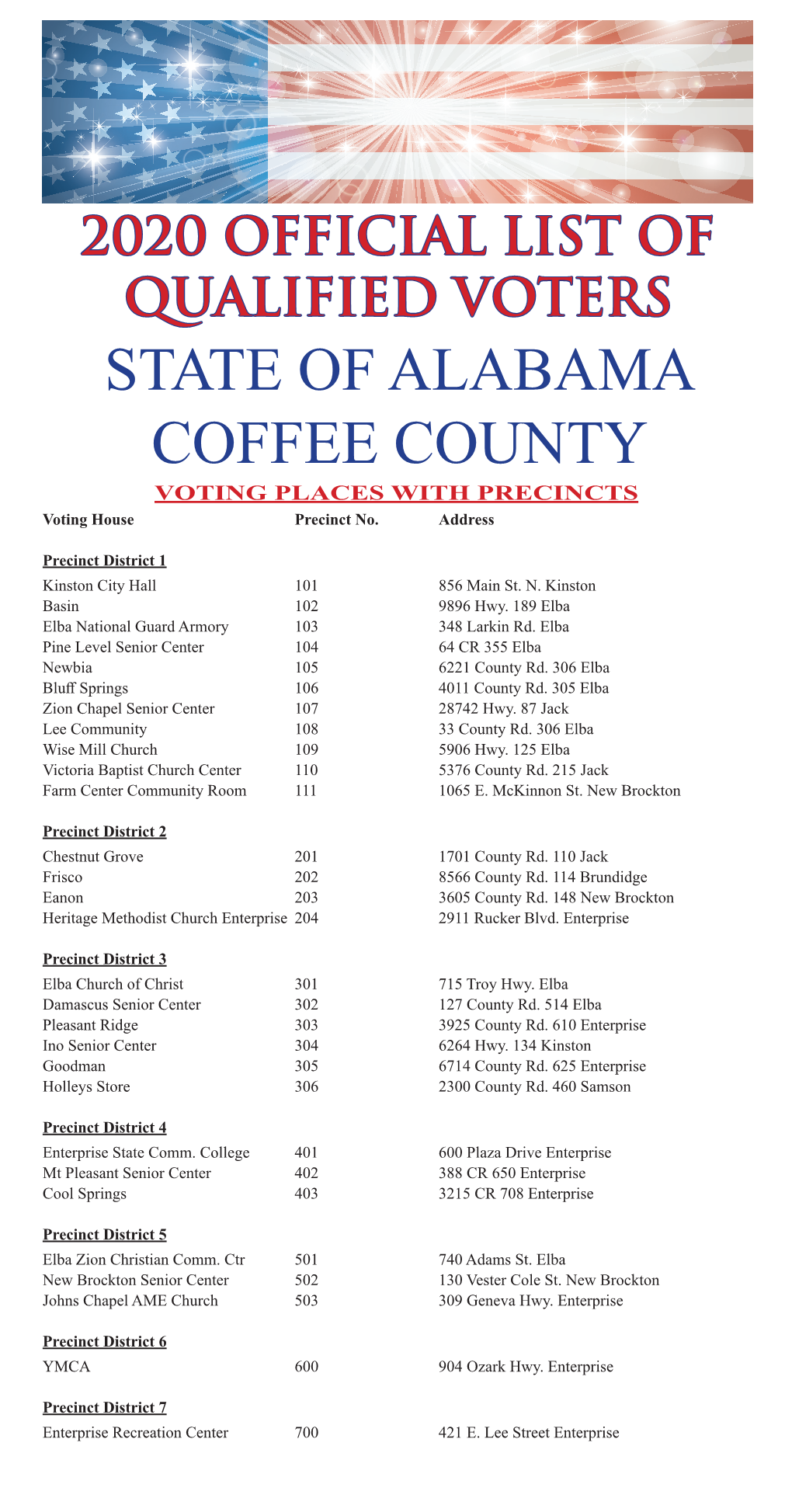 STATE of ALABAMA COFFEE COUNTY VOTING PLACES with PRECINCTS Voting House Precinct No