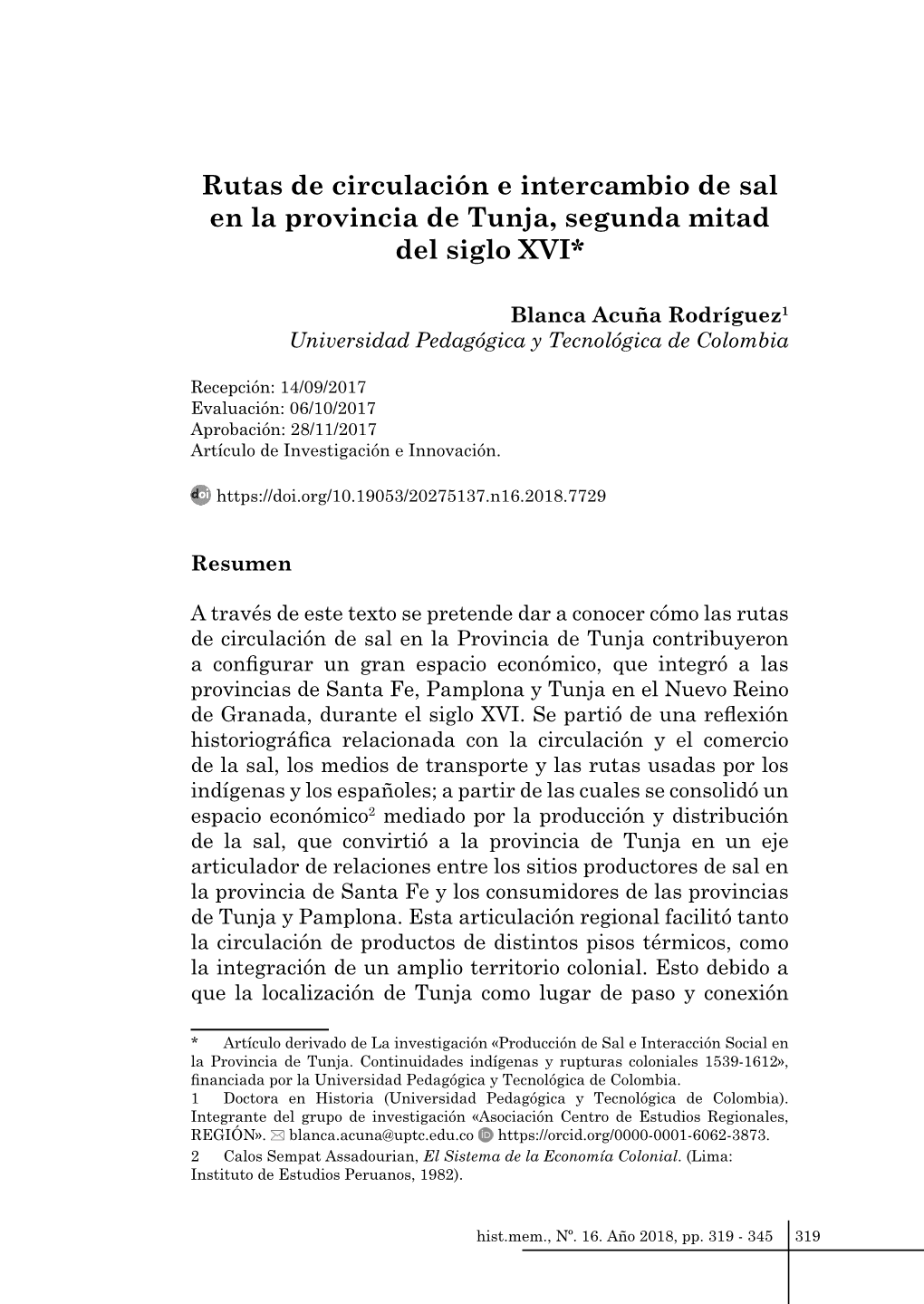 Rutas De Circulación E Intercambio De Sal En La Provincia De Tunja, Segunda Mitad Del Siglo XVI*