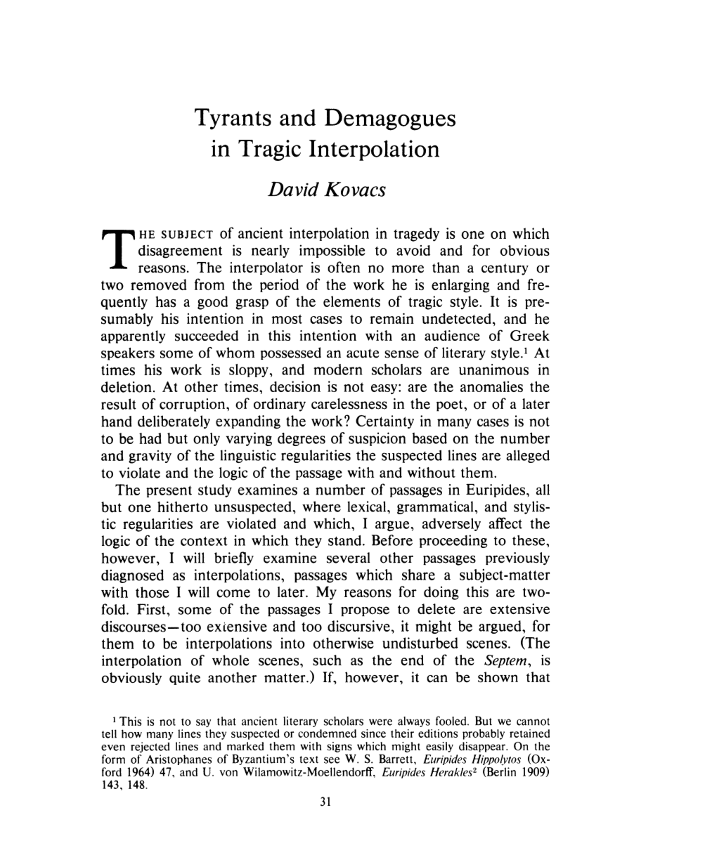Tyrants and Demagogues in Tragic Interpolation David Kovacs