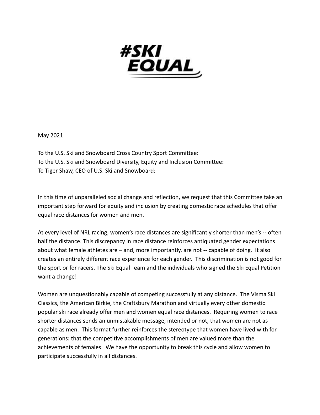 Ski Equal Team Letter