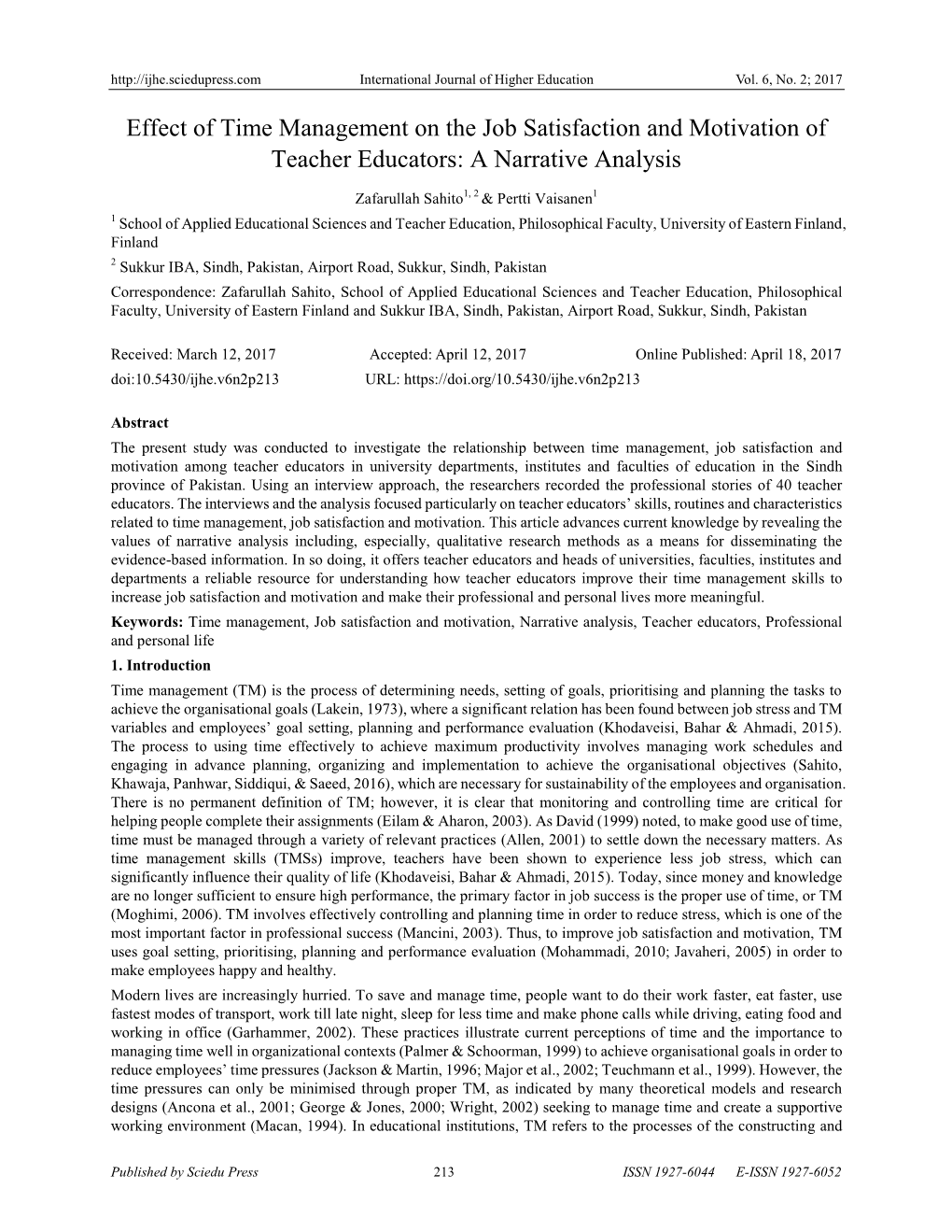 Effect of Time Management on the Job Satisfaction and Motivation of Teacher Educators: a Narrative Analysis