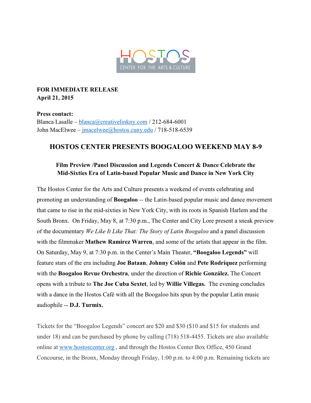 Hostos Center Presents Boogaloo Weekend May 8-9