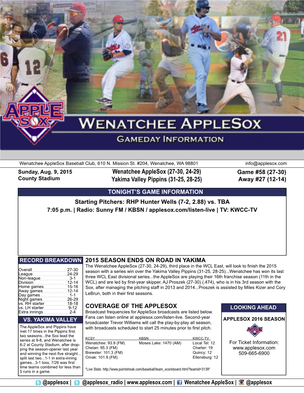 Wenatchee Applesox (27-30, 24-29) Yakima Valley Pippins