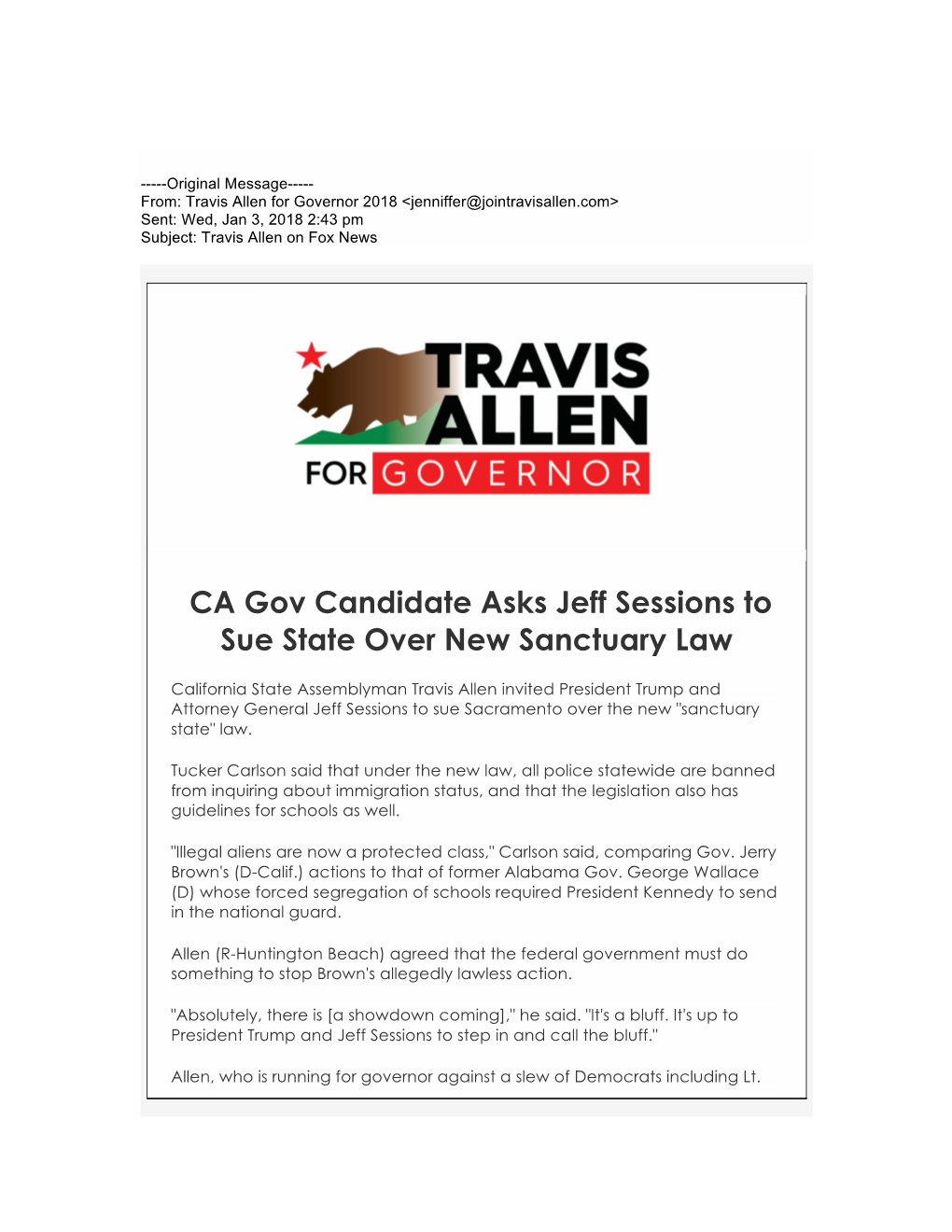 CA Gov Candidate Asks Jeff Sessions to Sue State Over New Sanctuary Law