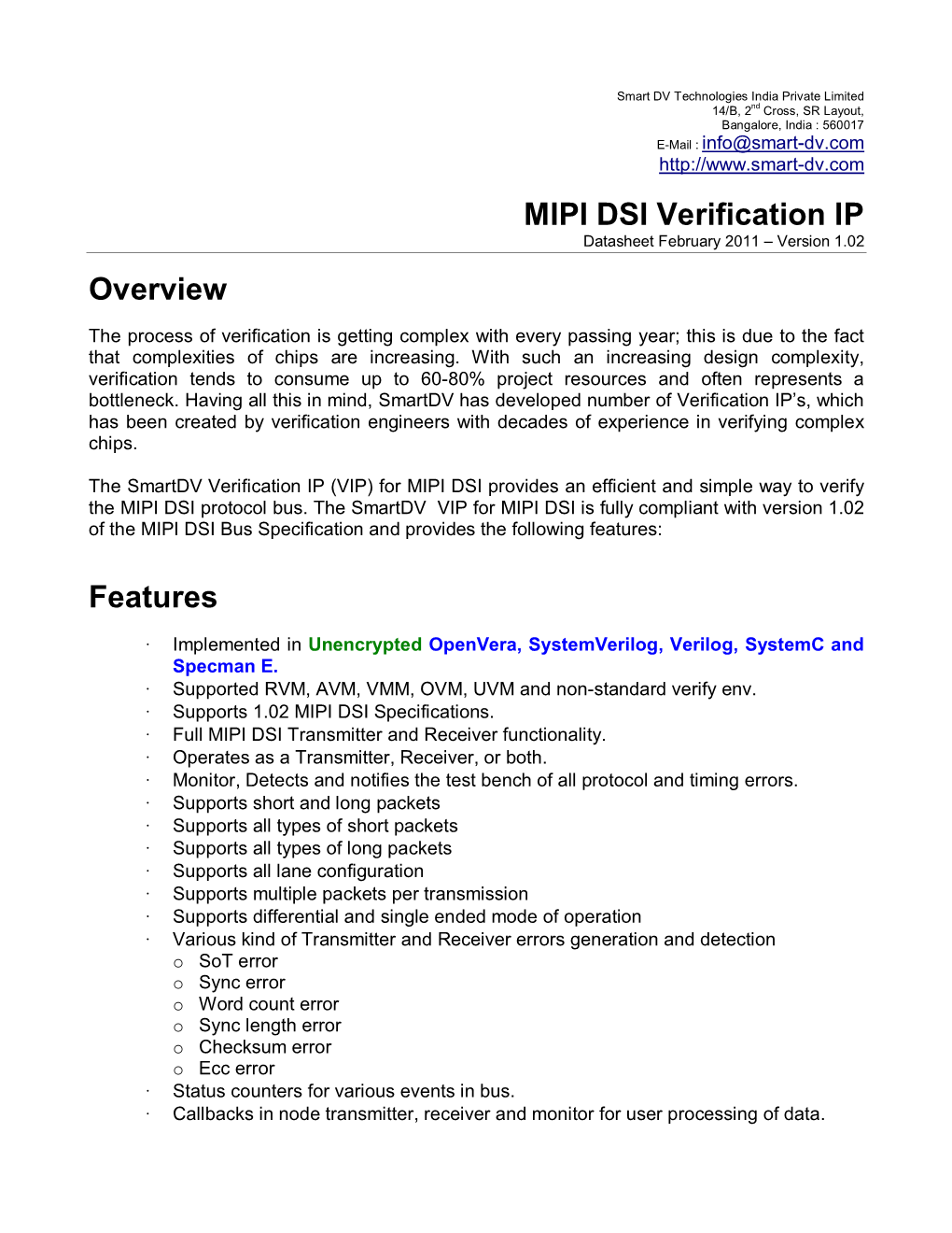 MIPI DSI Verification IP Overview Features