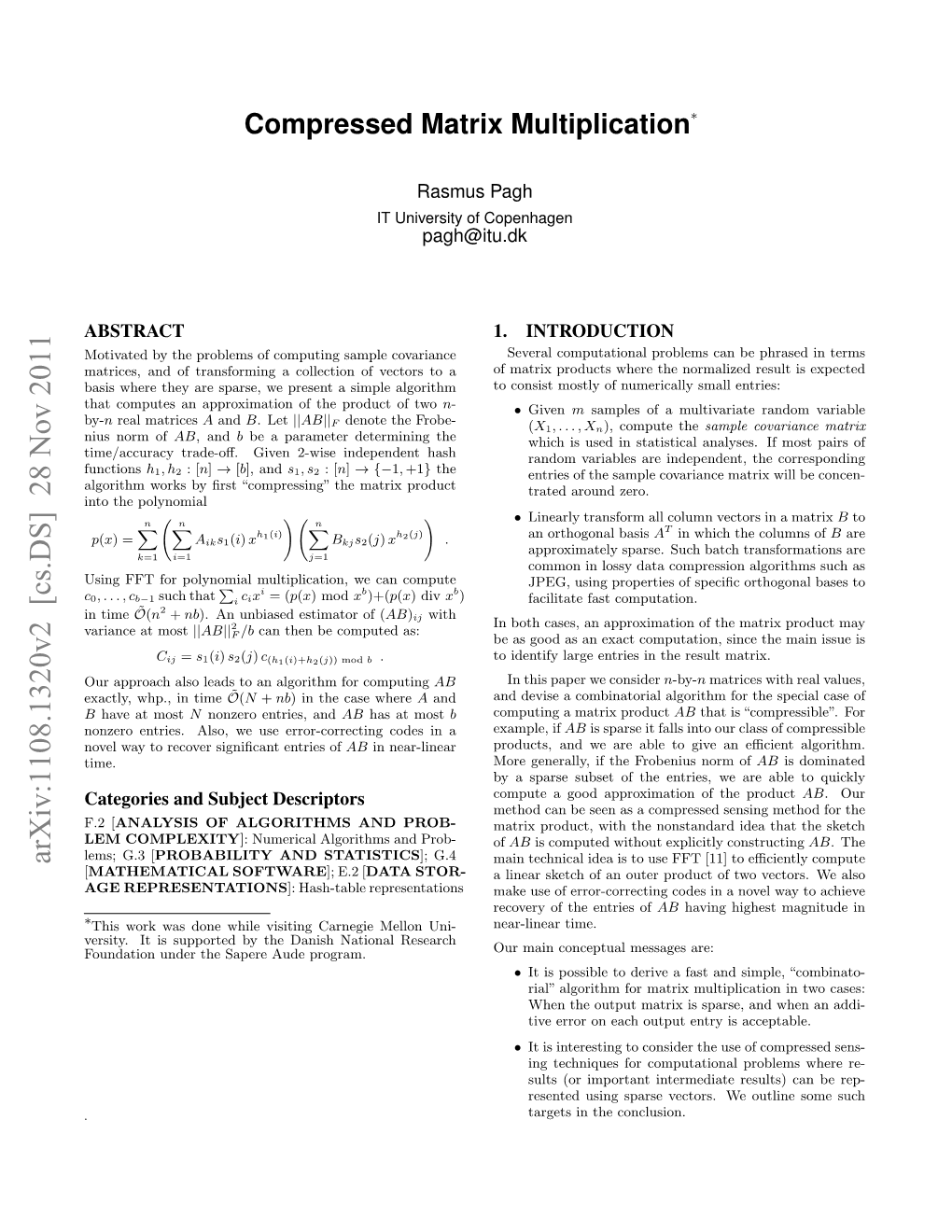 Compressed Matrix Multiplication∗