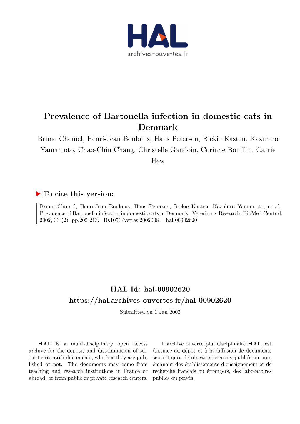 Prevalence of Bartonella Infection in Domestic Cats in Denmark
