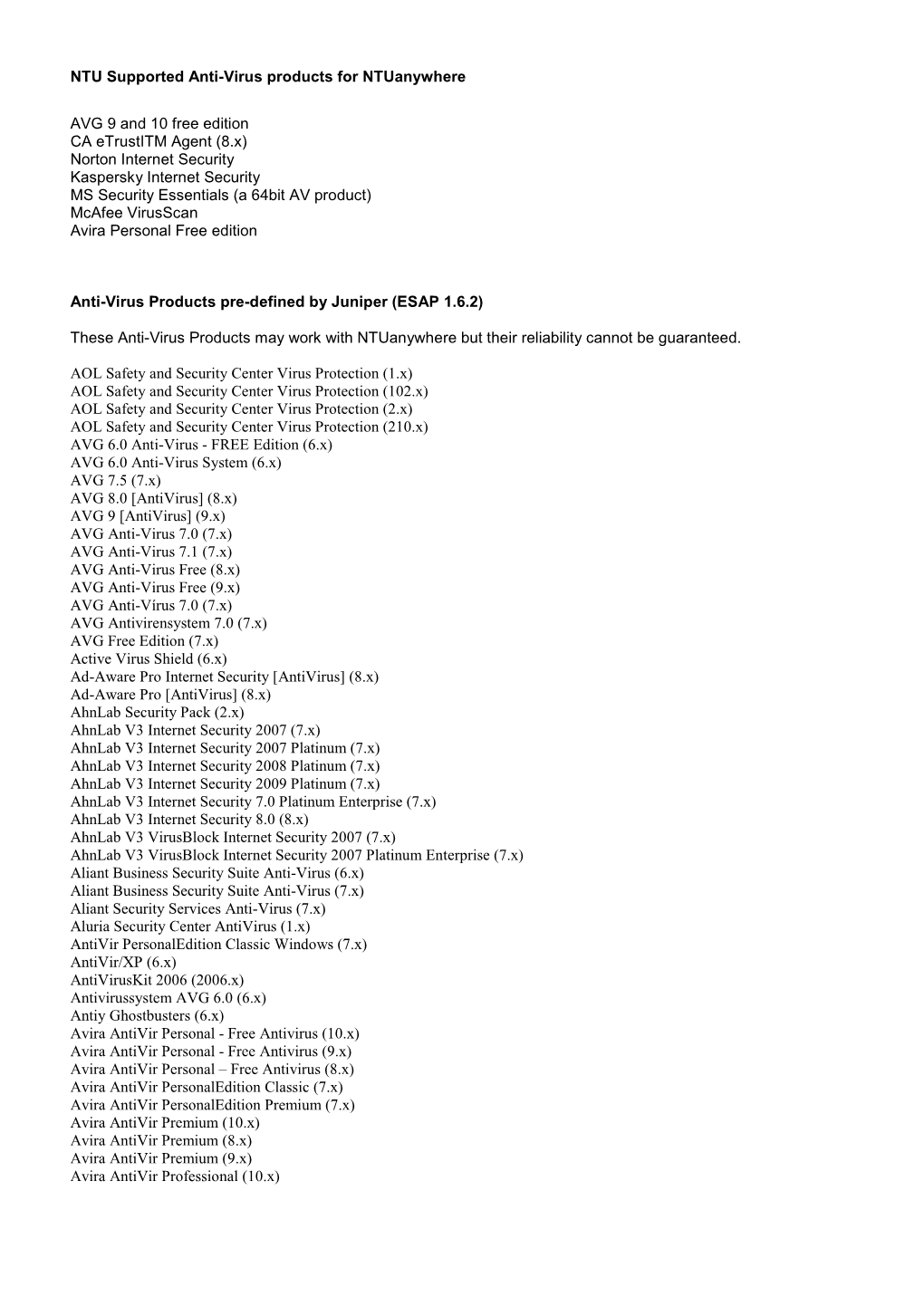 NTU Supported Anti-Virus Products for Ntuanywhere