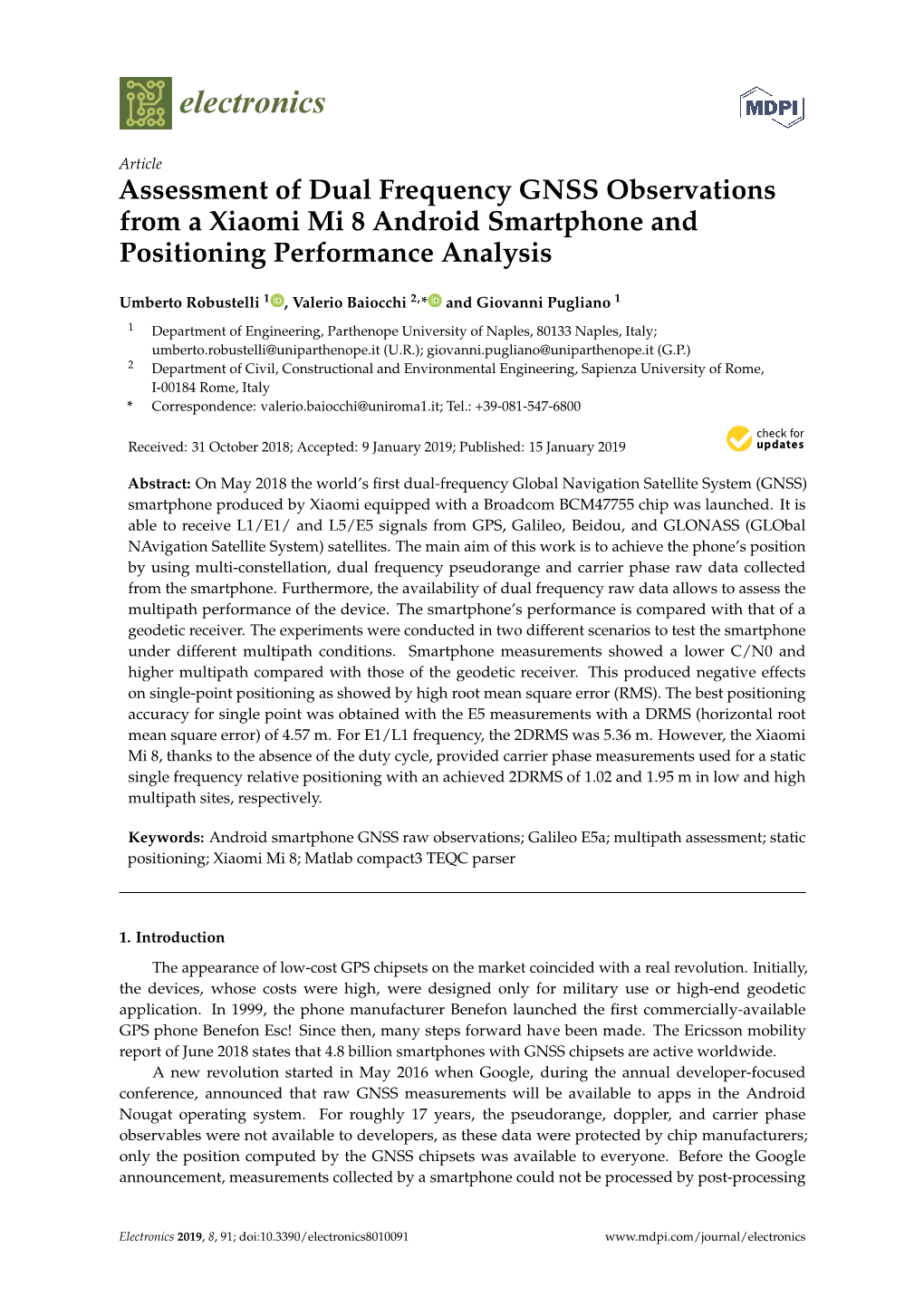 Assessment of Dual Frequency GNSS Observations from a Xiaomi Mi 8 Android Smartphone and Positioning Performance Analysis