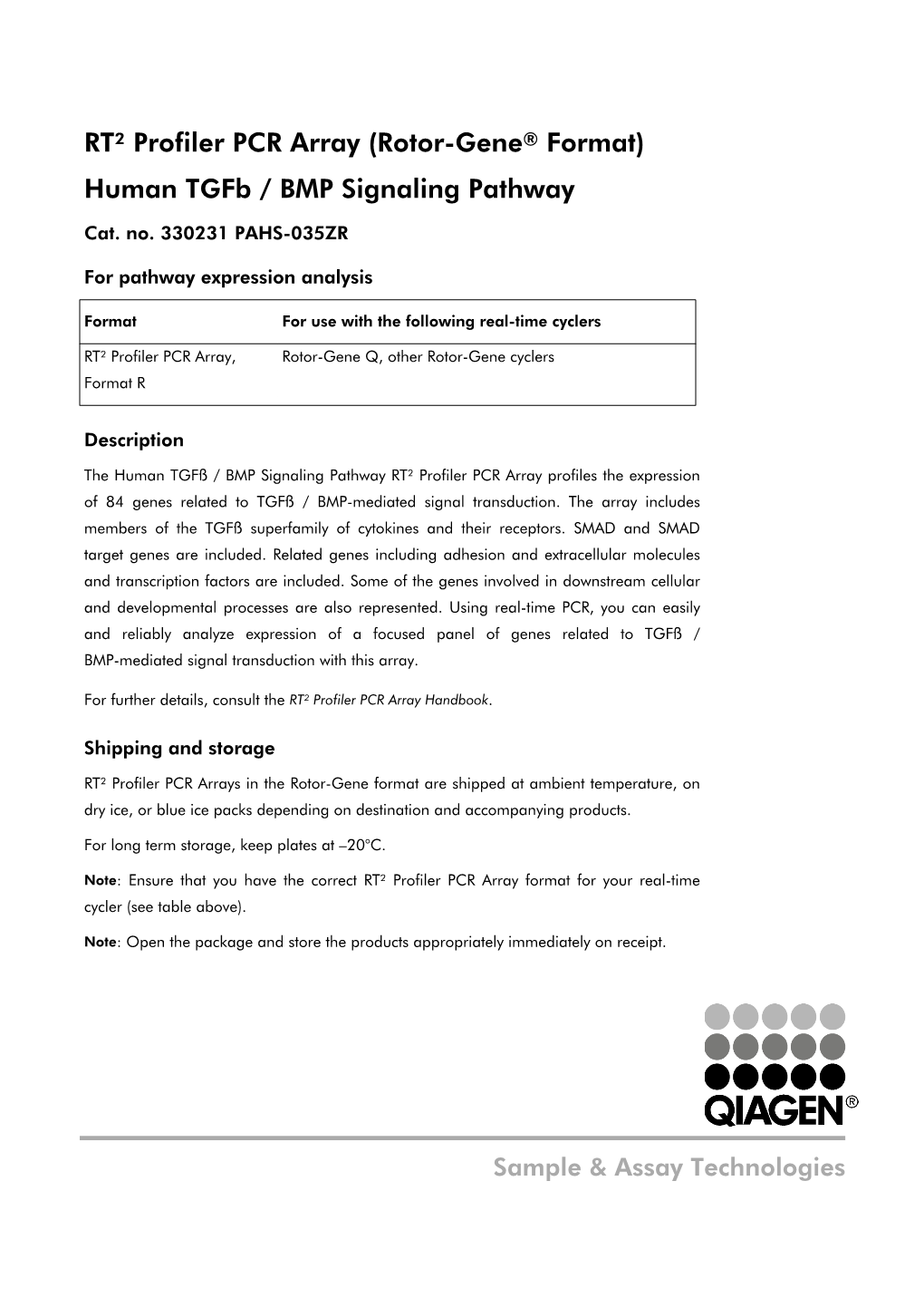 RT² Profiler PCR Array (Rotor-Gene® Format) Human Tgfb / BMP Signaling Pathway