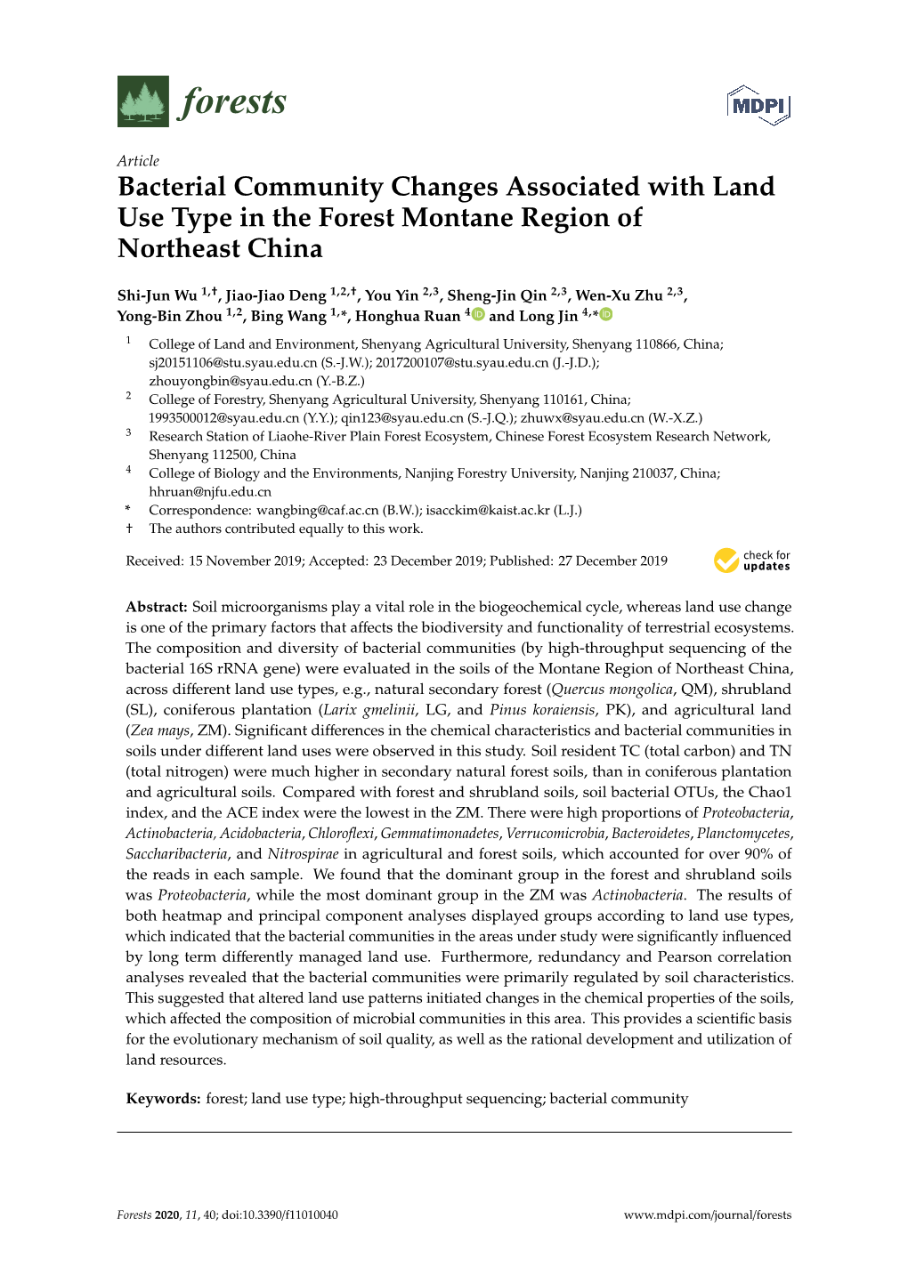 Bacterial Community Changes Associated with Land Use Type in the Forest Montane Region of Northeast China