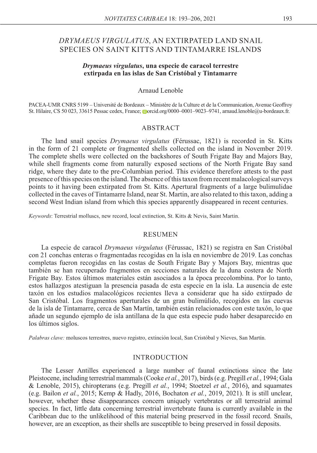 Drymaeus Virgulatus, an Extirpated Land Snail Species on Saint Kitts and Tintamarre Islands