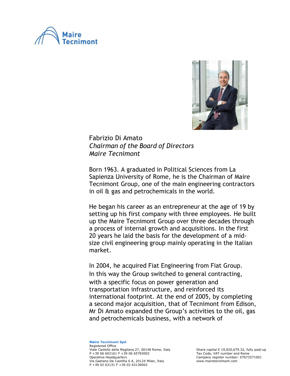 Fabrizio Di Amato Chairman of the Board of Directors Maire Tecnimont