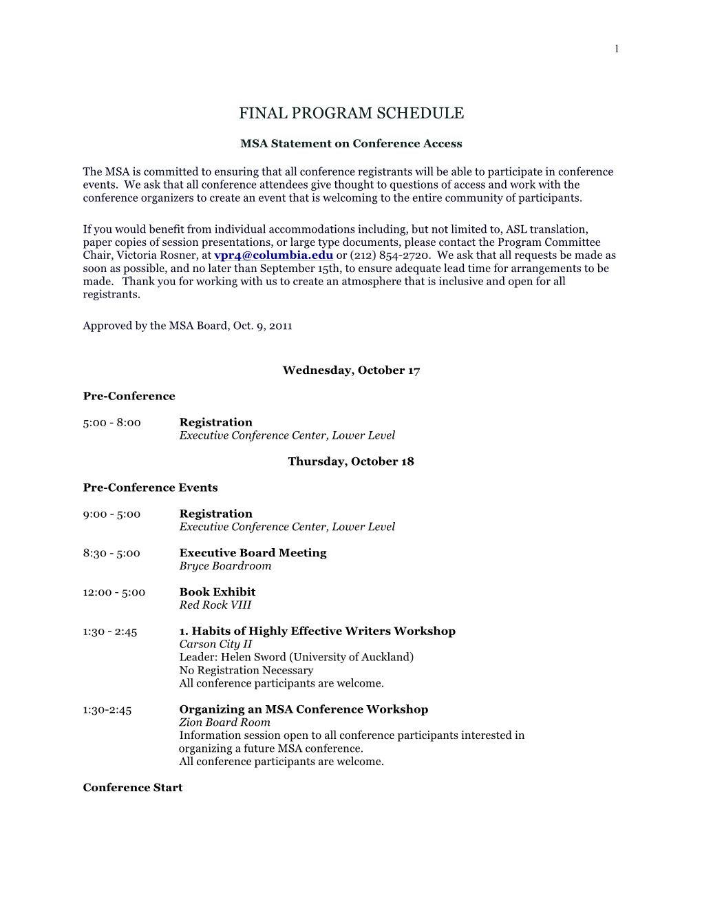 Msa Final Program Schedule