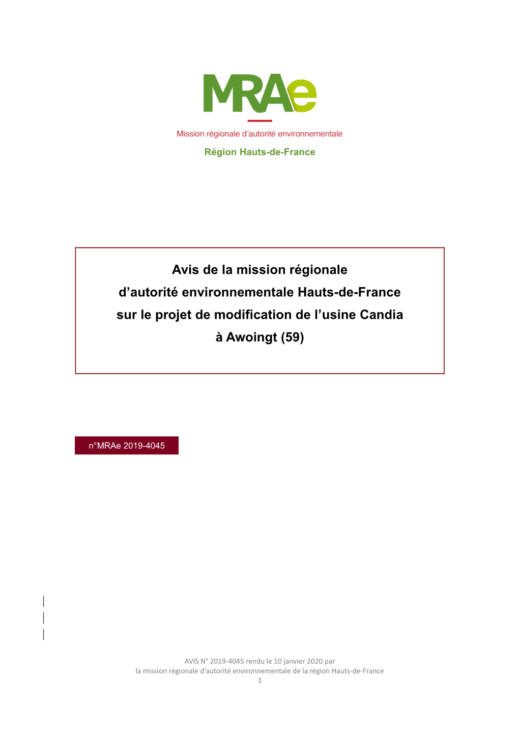 Avis De La Mission Régionale D'autorité Environnementale Hauts-De-France