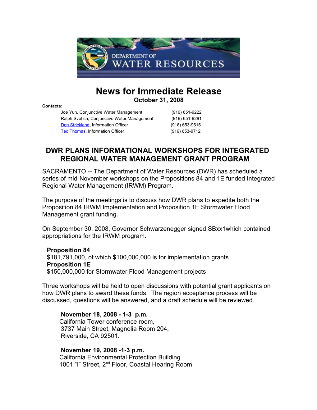 Dwr Plans Informational Workshops for Integrated