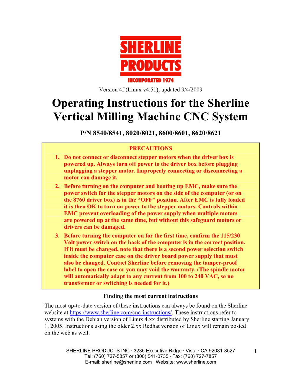 Operating Instructions for the Sherline Vertical Milling Machine CNC System
