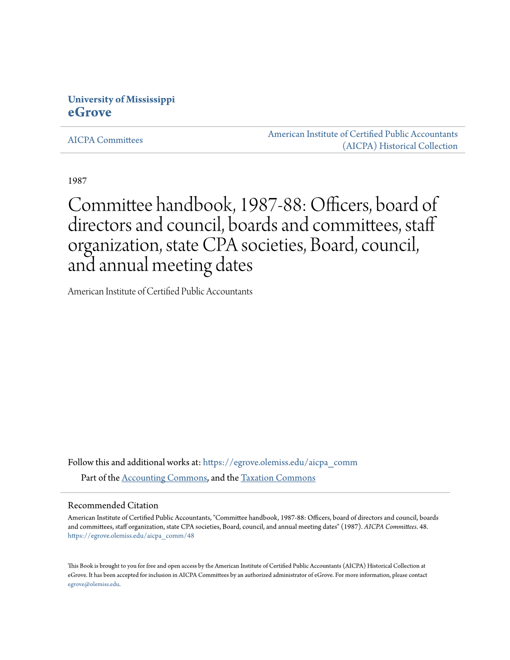 Committee Handbook, 1987-88: Officers, Board of Directors And
