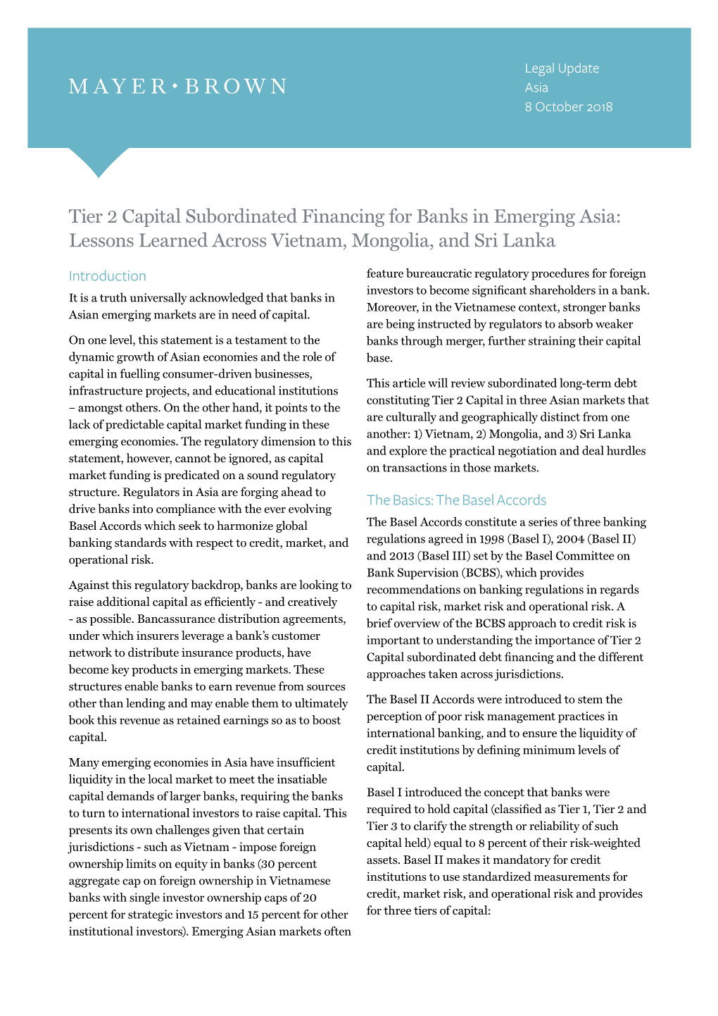 Tier 2 Capital Subordinated Financing for Banks in Emerging Asia: Lessons Learned Across Vietnam, Mongolia, and Sri Lanka