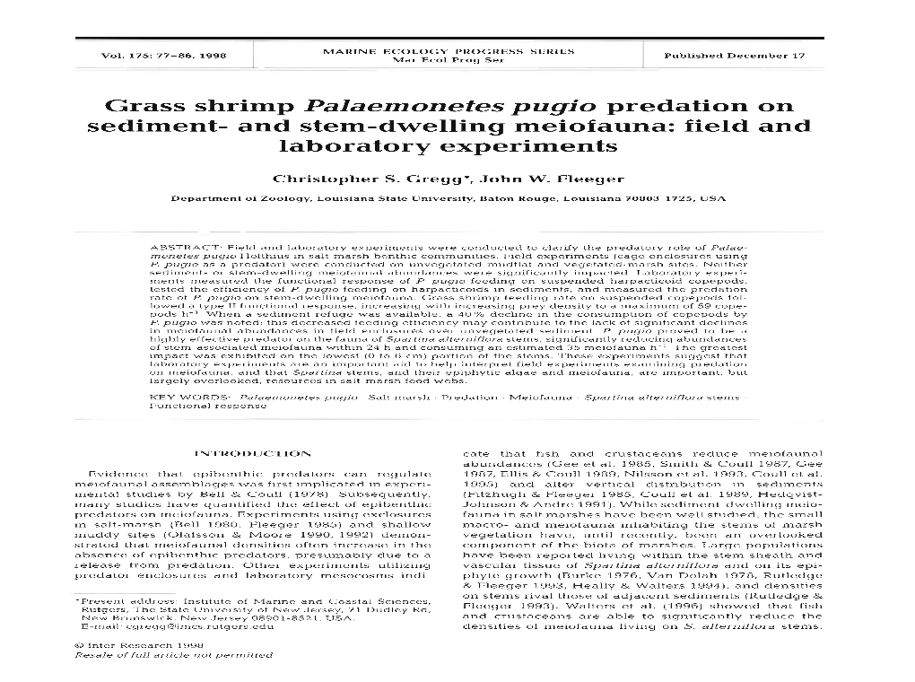 Grass Shrimp Palaemonetes Pugio Predation on Sediment- and Stem-Dwelling Meiofauna: Field and Laboratory Experiments