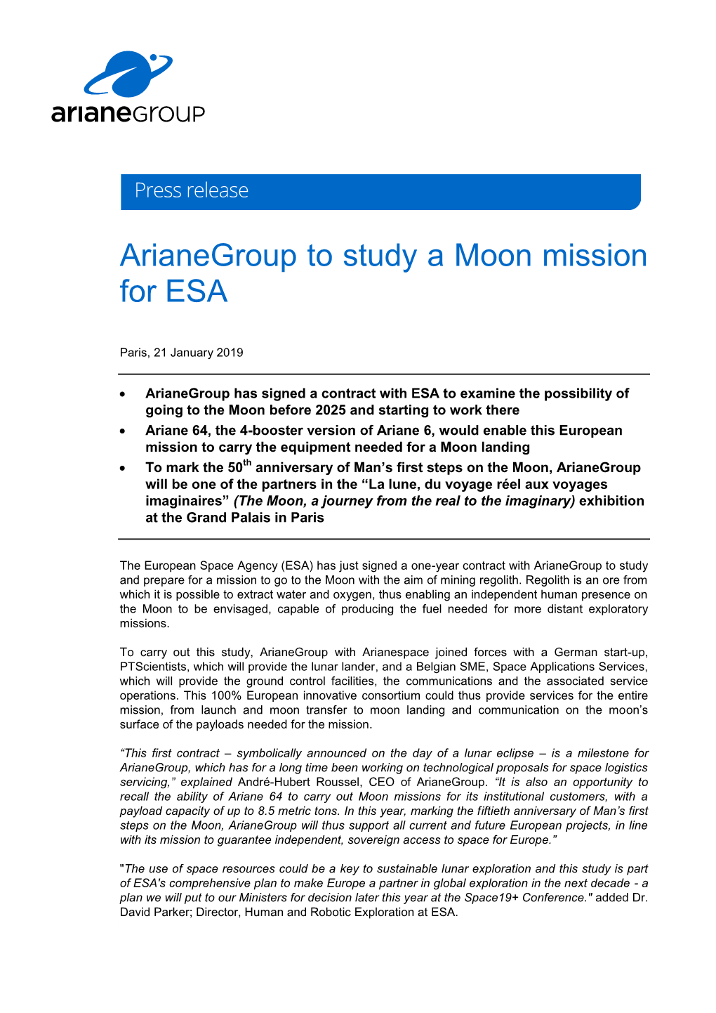 Arianegroup to Study a Moon Mission for ESA