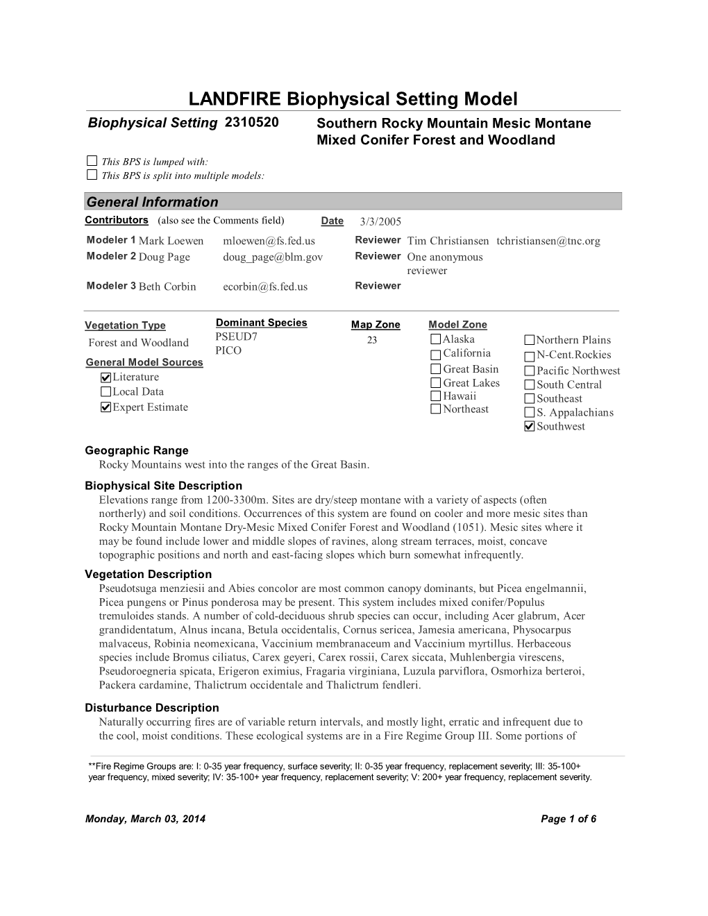 LANDFIRE Biophysical Setting Model