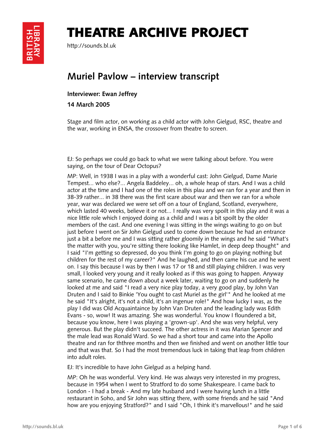 Interview with Muriel Pavlow