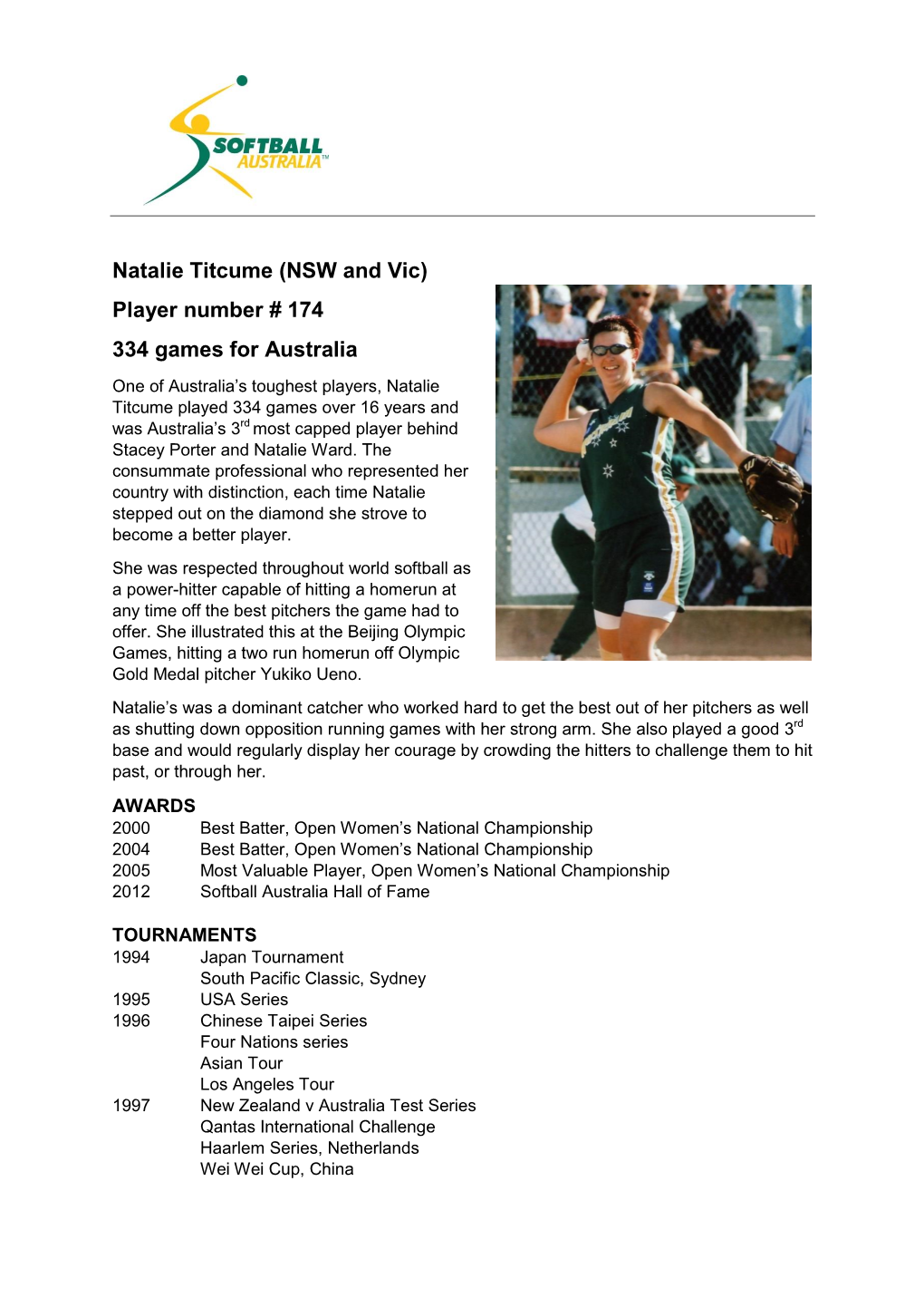 Natalie Titcume (NSW and Vic) Player Number # 174 334 Games for Australia