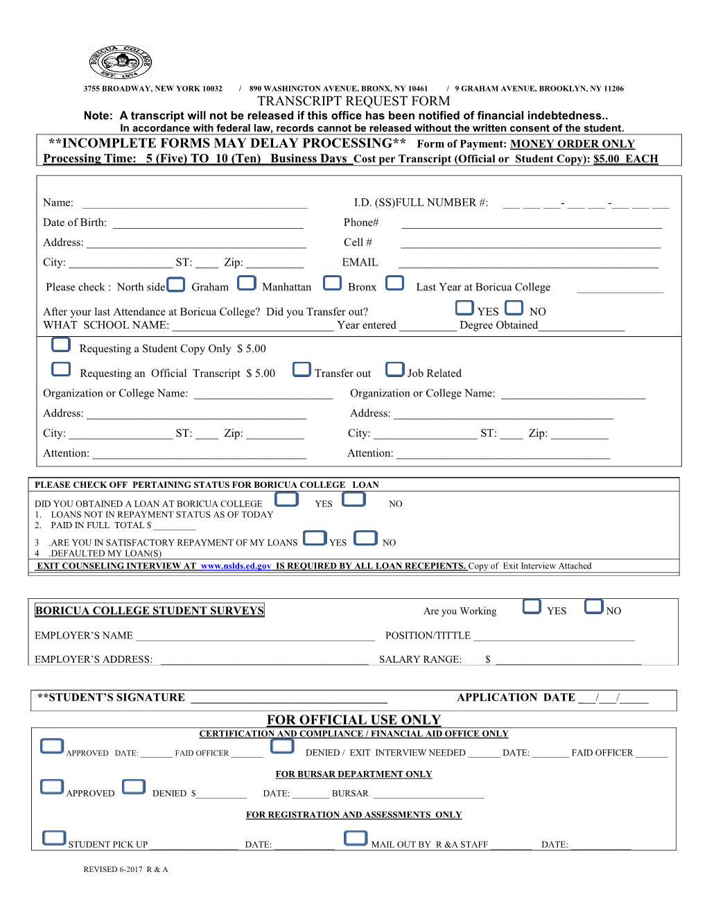 Transcript Request Form **Incomplete